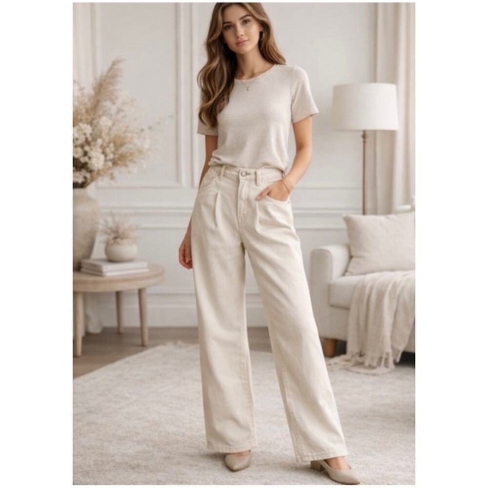 Avec Les Filles Women’s S Ivory High Rise Pants Pleated Wide Leg Stretch Cotton